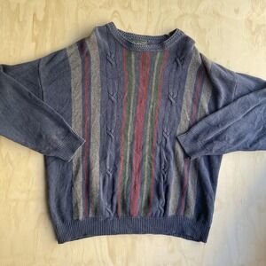 Vintage Hill & Archer Sweater Mens XL Blue Striped Crewneck Ramie Cotton Knit